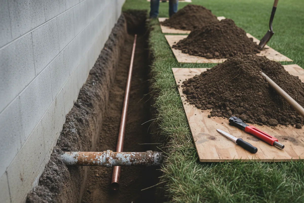 Excavated water line trench during Water Softener Installation in Prospect